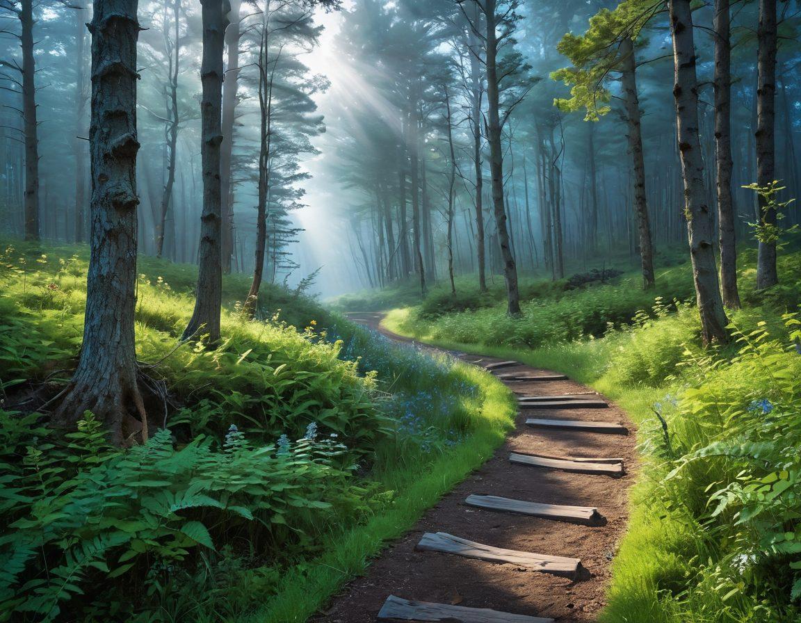 A serene landscape depicting a winding path from a dark forest symbolizing challenges to a bright, open meadow illustrating hope and support. Along the path, essential resources like a guidebook, a supportive hand, and a symbol of community stand out. The sky transitions from stormy gray to uplifting blue with rays of sunlight breaking through. The overall tone conveys a journey from awareness to positive action. vibrant colors. super-realistic. inspirational.