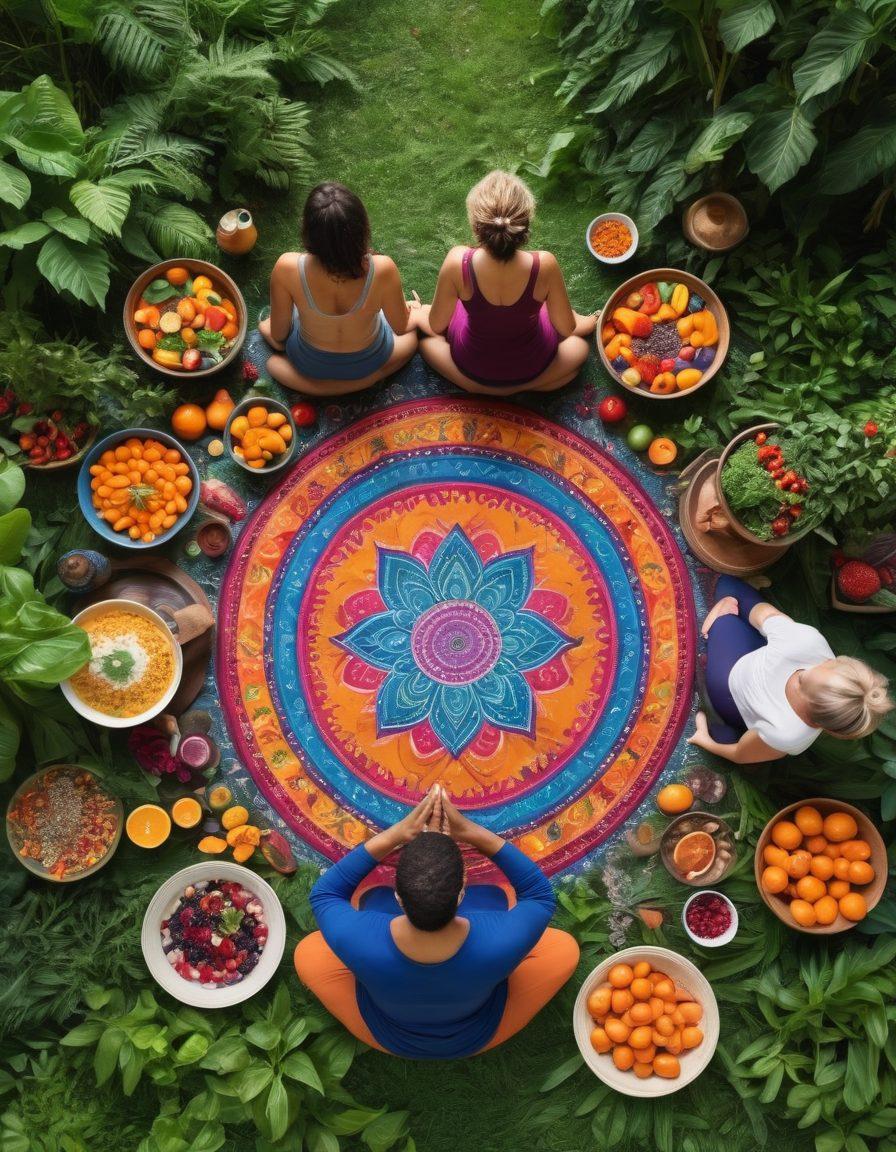 A serene setting depicting a diverse group of individuals engaging in wellness activities, such as yoga and meditation, surrounded by lush greenery and a table filled with colorful, nutritious foods. Incorporate elements symbolizing psychological wellness, like calming mandalas and journals. The scene radiates positivity and strength, showcasing the journey of cancer recovery through health and nutrition. soft focus. vibrant colors. nature backdrop.