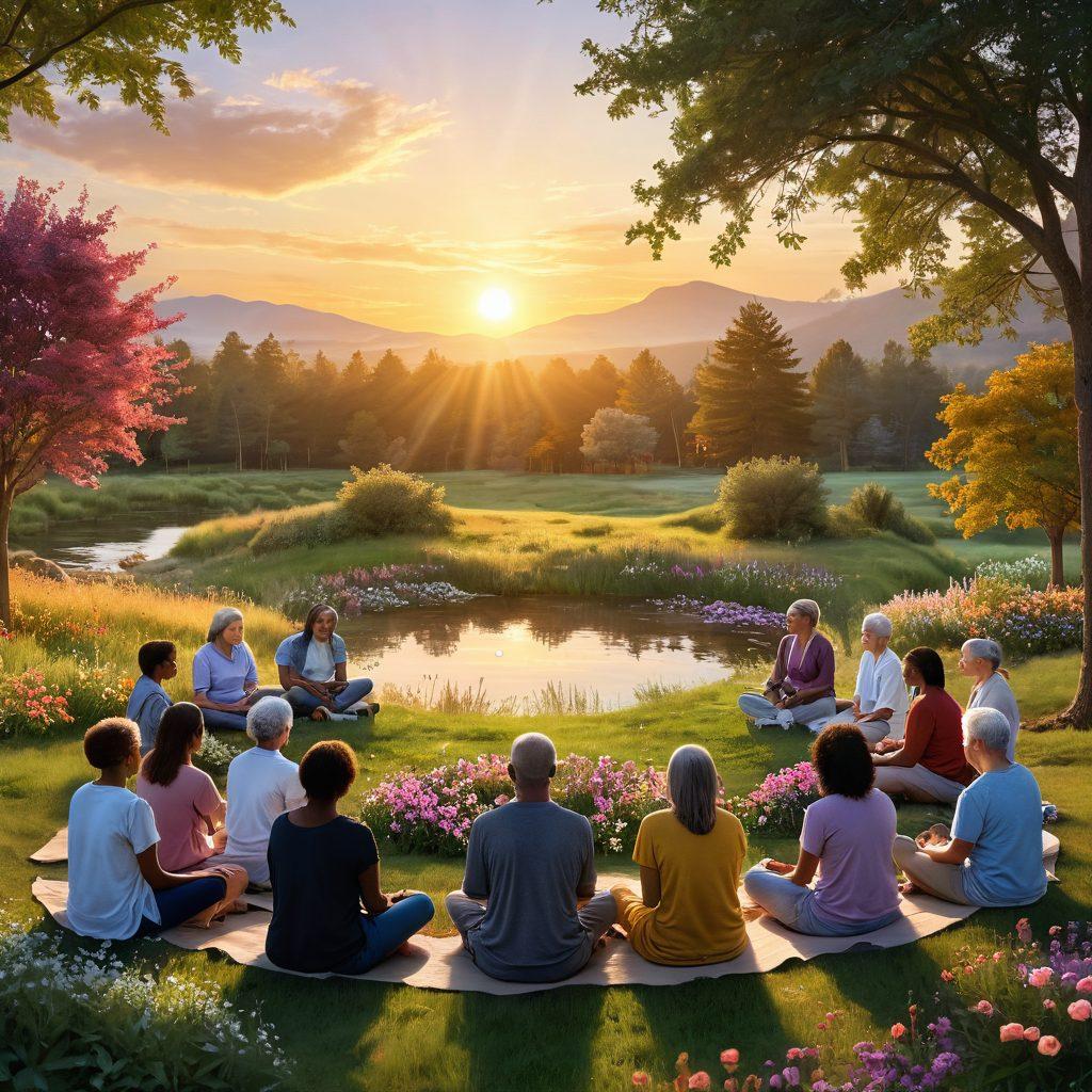 A serene landscape featuring a diverse group of people of all ages and backgrounds united in a circle, actively engaging in discussions about cancer awareness and wellness. In the background, there are uplifting visuals of nature, like blooming flowers and a warm sunrise, symbolizing hope and resilience. Soft lighting enhances the sense of community and empowerment. super-realistic. vibrant colors. warm tones.